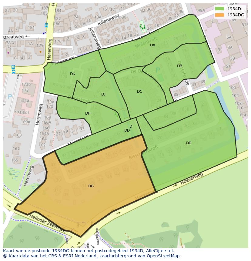 Afbeelding van het postcodegebied 1934 DG op de kaart.