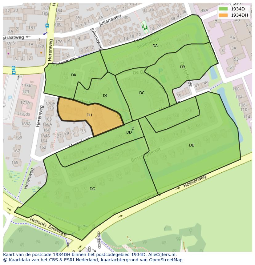 Afbeelding van het postcodegebied 1934 DH op de kaart.