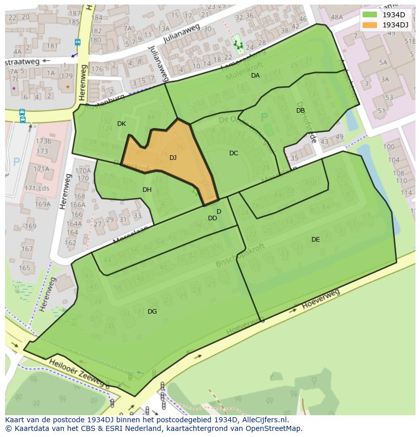 Afbeelding van het postcodegebied 1934 DJ op de kaart.