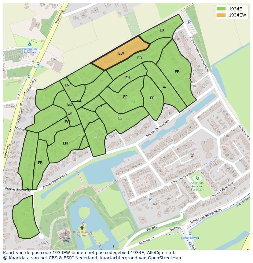 Afbeelding van het postcodegebied 1934 EW op de kaart.