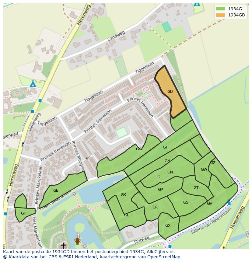 Afbeelding van het postcodegebied 1934 GD op de kaart.