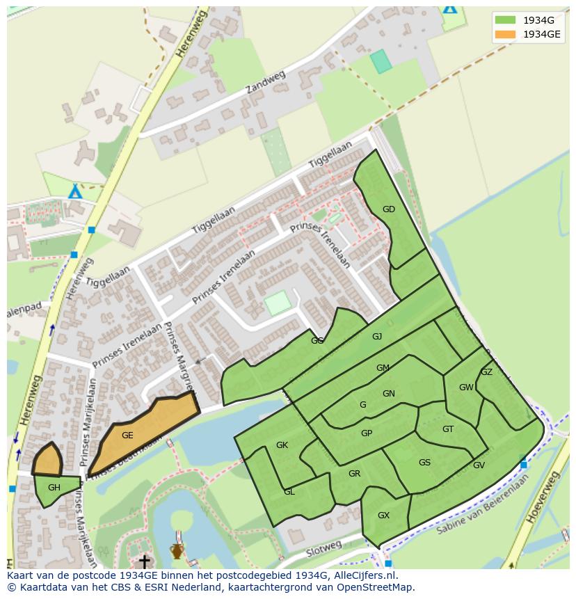 Afbeelding van het postcodegebied 1934 GE op de kaart.