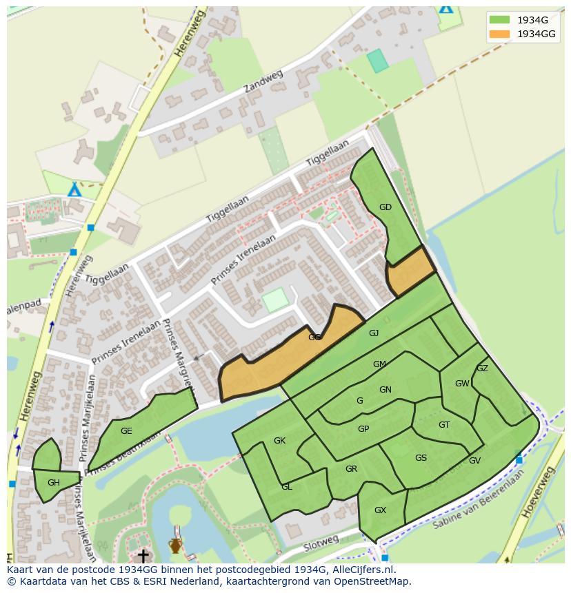 Afbeelding van het postcodegebied 1934 GG op de kaart.
