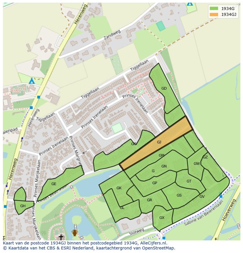Afbeelding van het postcodegebied 1934 GJ op de kaart.