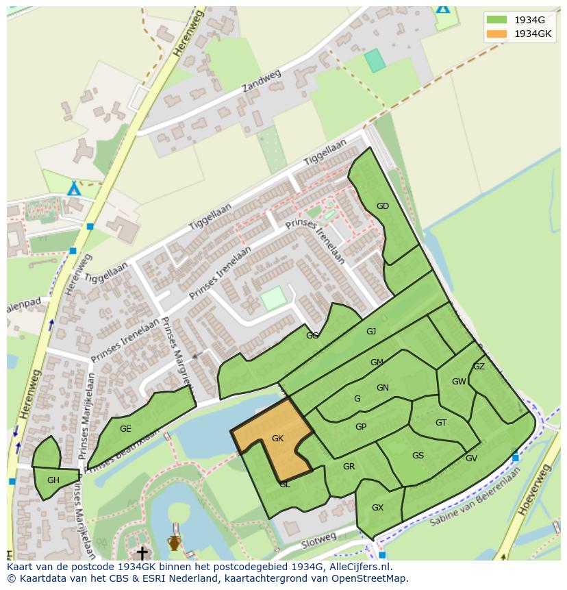 Afbeelding van het postcodegebied 1934 GK op de kaart.
