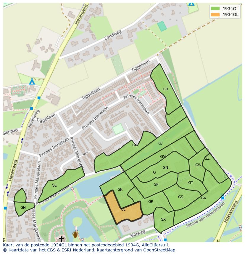 Afbeelding van het postcodegebied 1934 GL op de kaart.