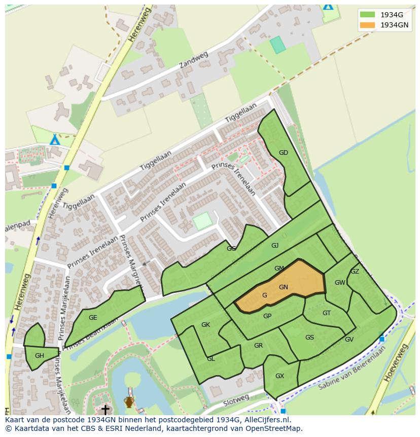 Afbeelding van het postcodegebied 1934 GN op de kaart.