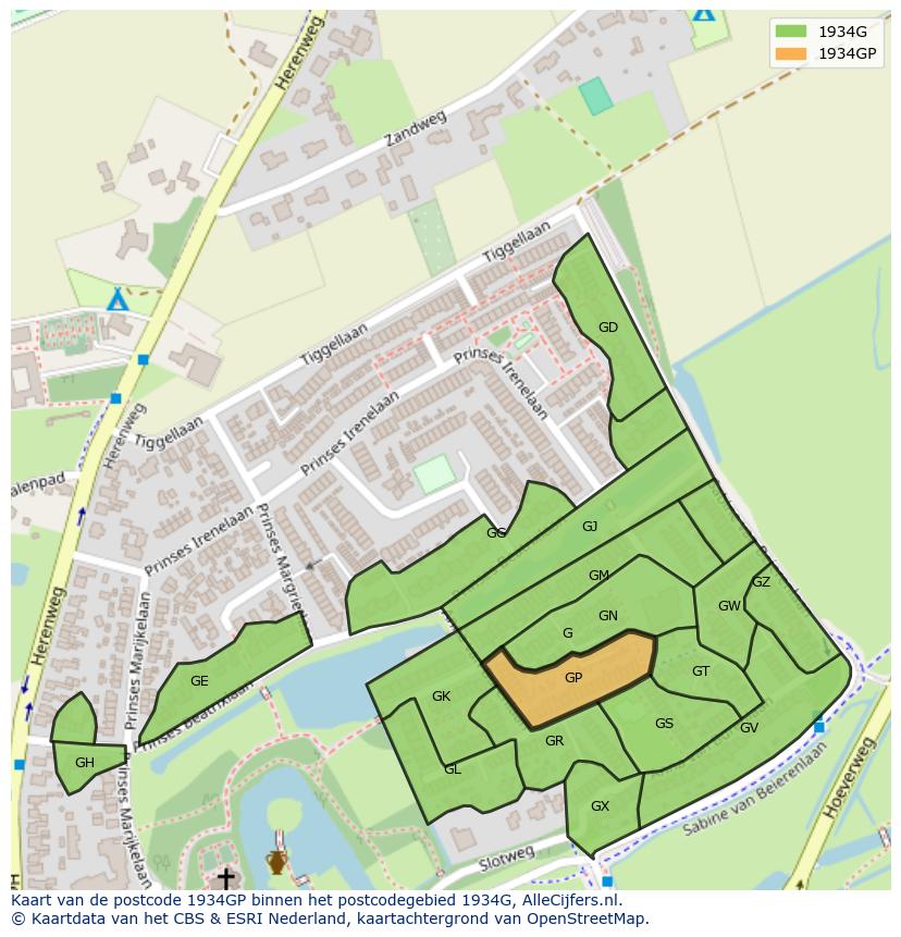 Afbeelding van het postcodegebied 1934 GP op de kaart.