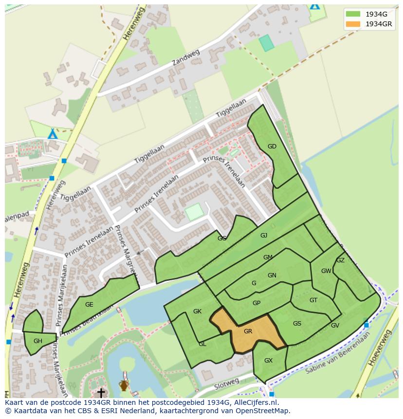 Afbeelding van het postcodegebied 1934 GR op de kaart.