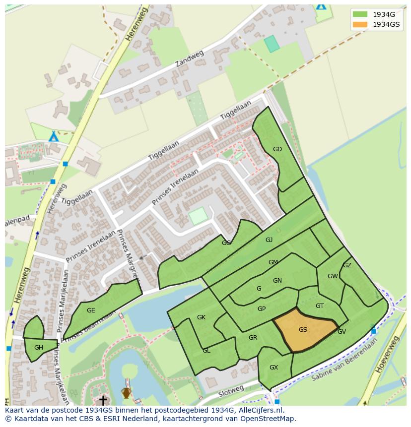 Afbeelding van het postcodegebied 1934 GS op de kaart.