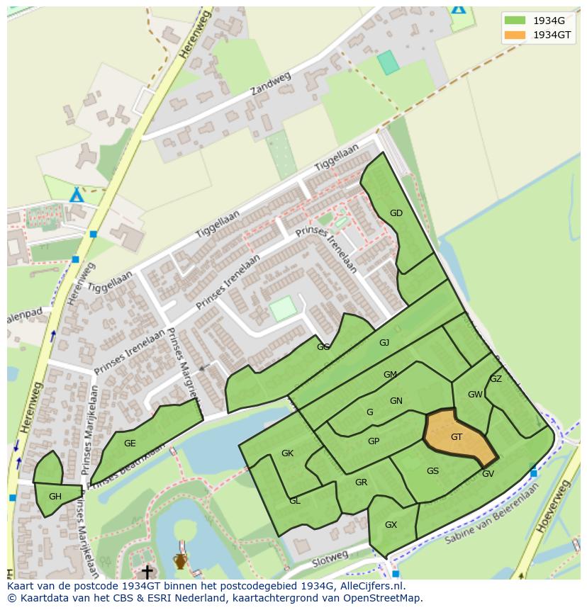 Afbeelding van het postcodegebied 1934 GT op de kaart.