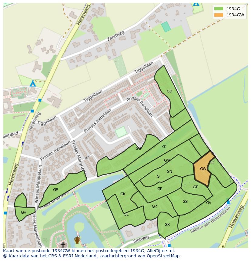 Afbeelding van het postcodegebied 1934 GW op de kaart.