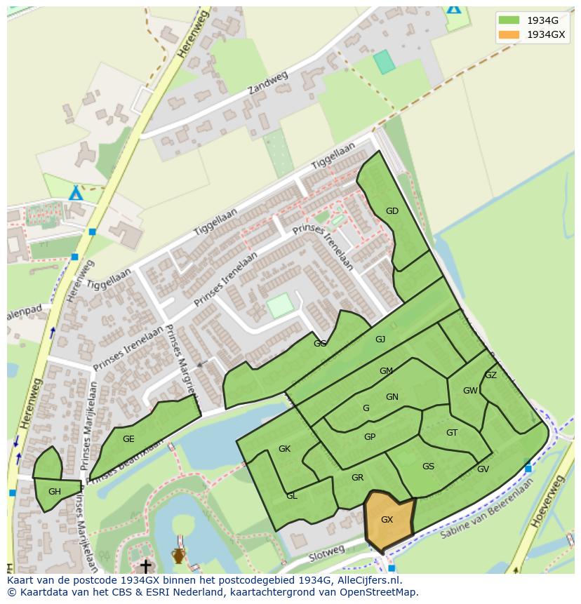 Afbeelding van het postcodegebied 1934 GX op de kaart.