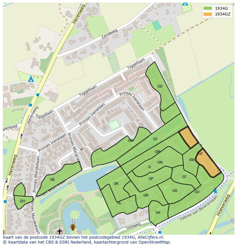 Afbeelding van het postcodegebied 1934 GZ op de kaart.