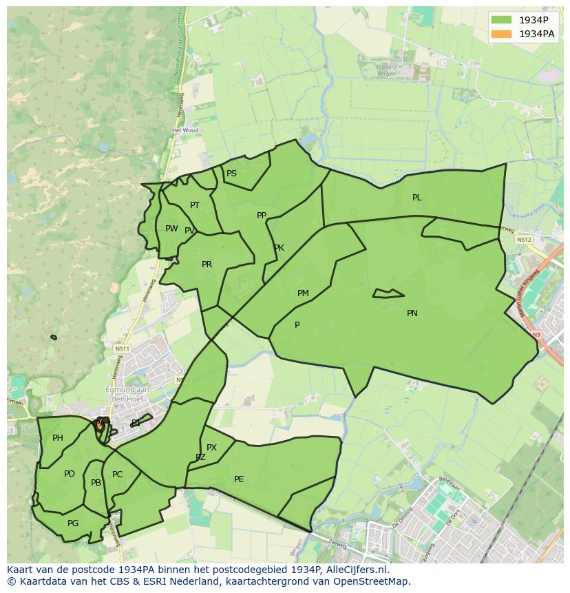 Afbeelding van het postcodegebied 1934 PA op de kaart.