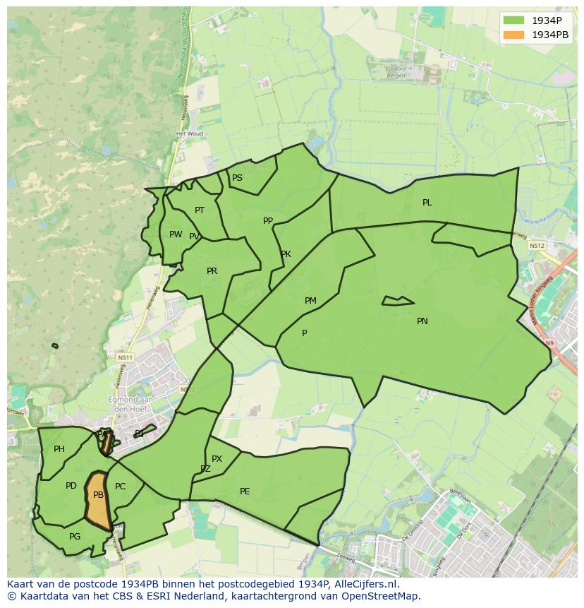 Afbeelding van het postcodegebied 1934 PB op de kaart.