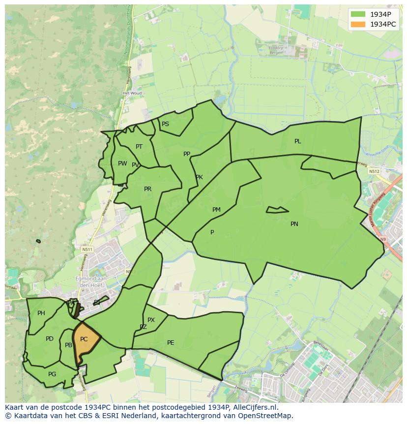Afbeelding van het postcodegebied 1934 PC op de kaart.