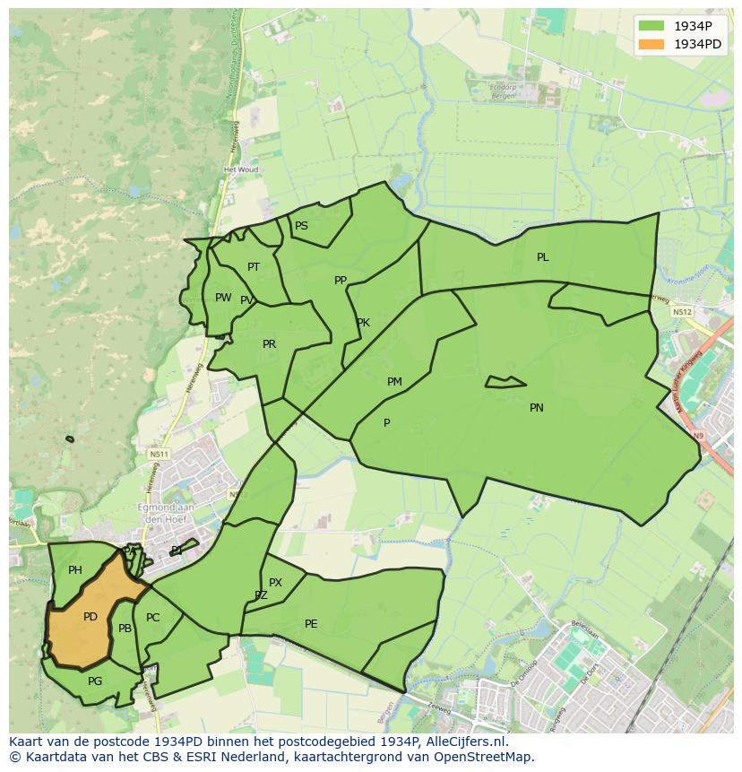 Afbeelding van het postcodegebied 1934 PD op de kaart.