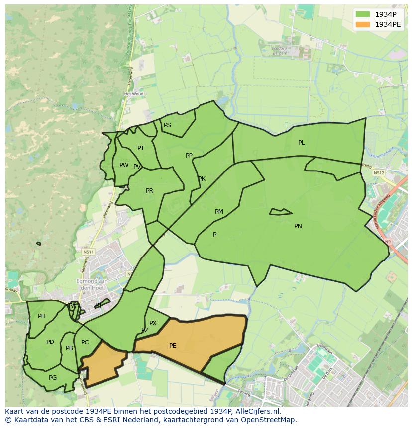 Afbeelding van het postcodegebied 1934 PE op de kaart.