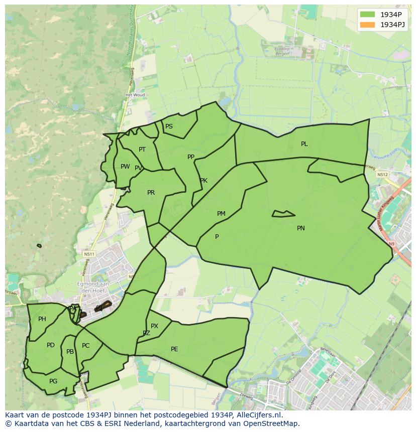 Afbeelding van het postcodegebied 1934 PJ op de kaart.