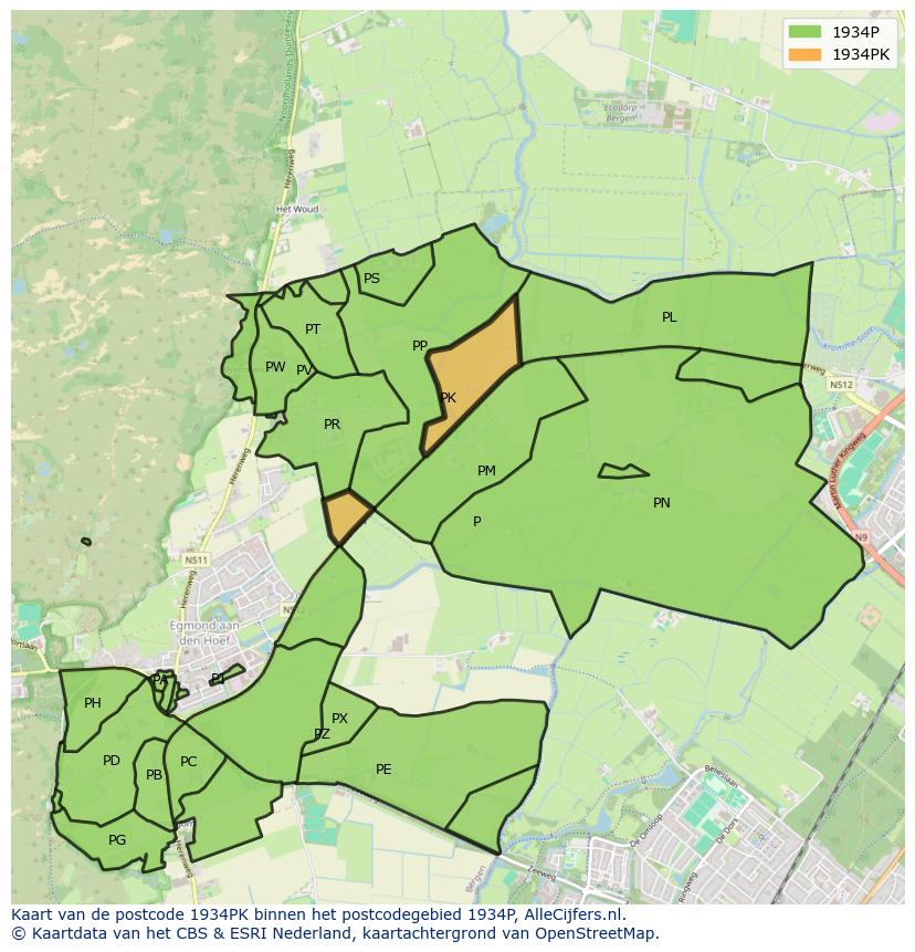 Afbeelding van het postcodegebied 1934 PK op de kaart.