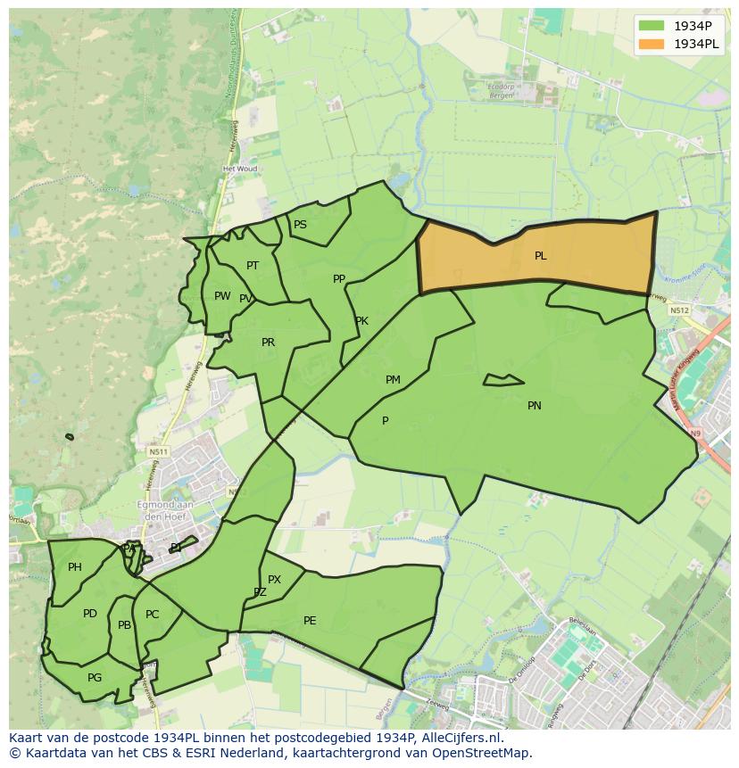 Afbeelding van het postcodegebied 1934 PL op de kaart.