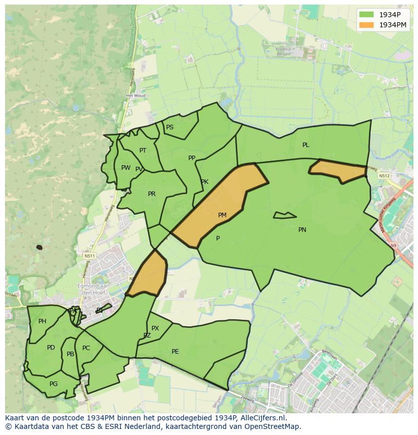 Afbeelding van het postcodegebied 1934 PM op de kaart.
