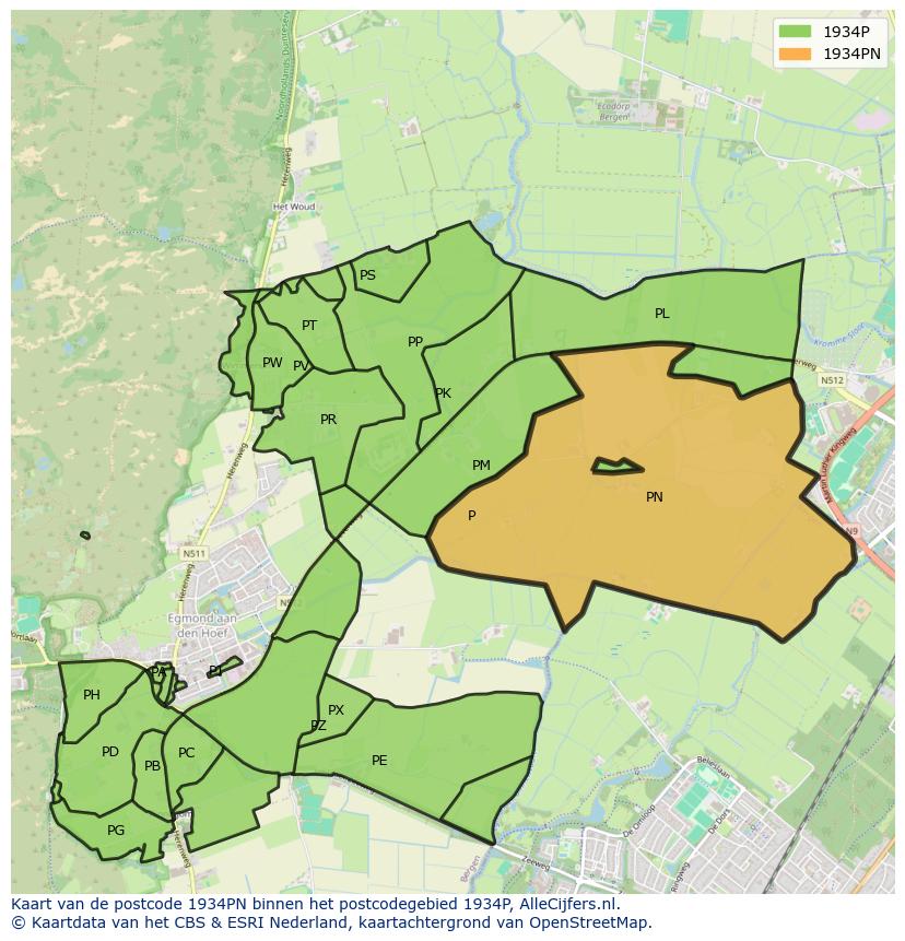 Afbeelding van het postcodegebied 1934 PN op de kaart.