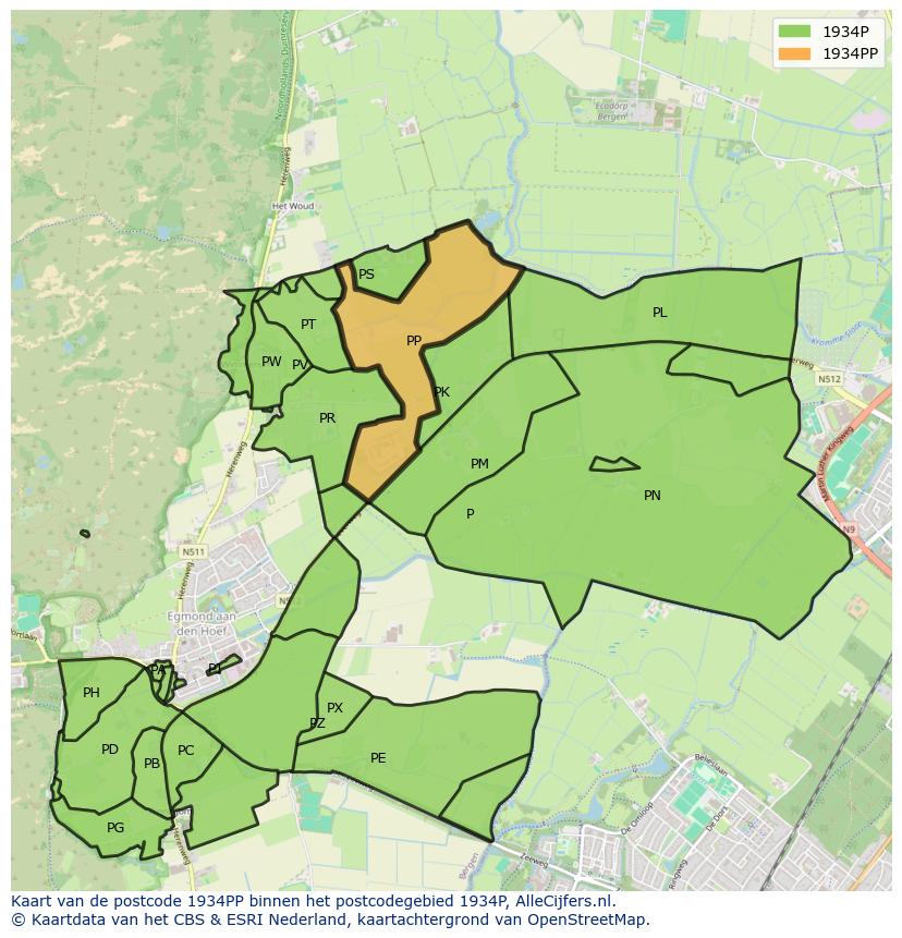 Afbeelding van het postcodegebied 1934 PP op de kaart.