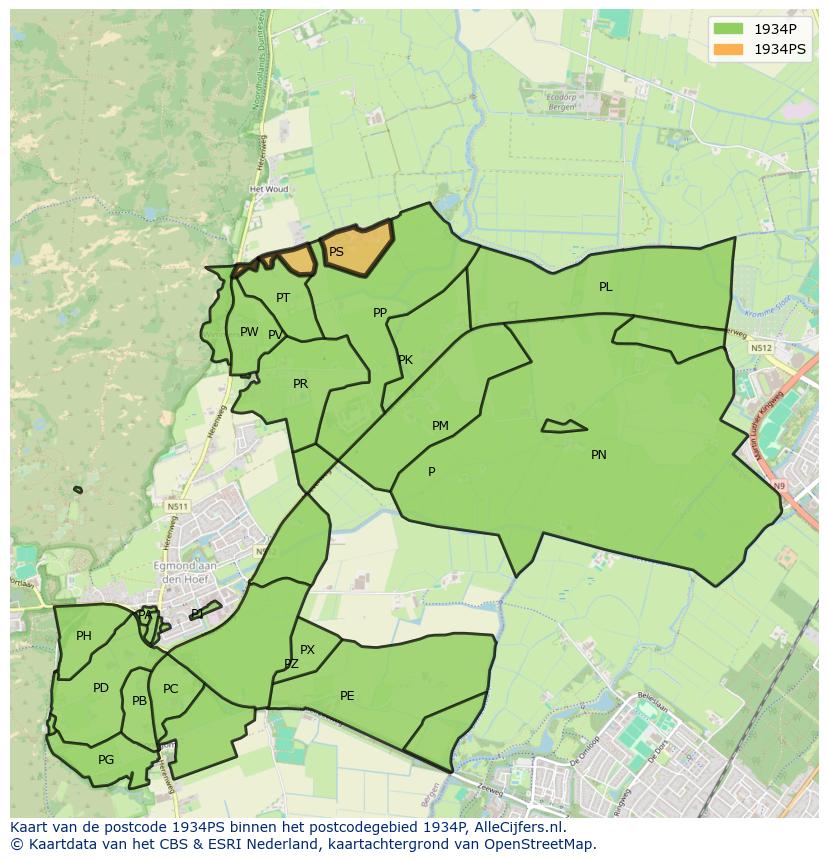 Afbeelding van het postcodegebied 1934 PS op de kaart.