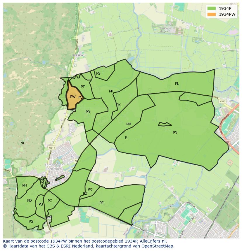 Afbeelding van het postcodegebied 1934 PW op de kaart.