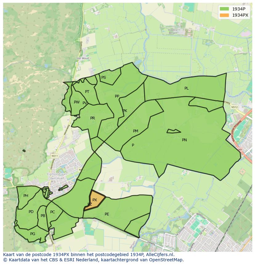 Afbeelding van het postcodegebied 1934 PX op de kaart.