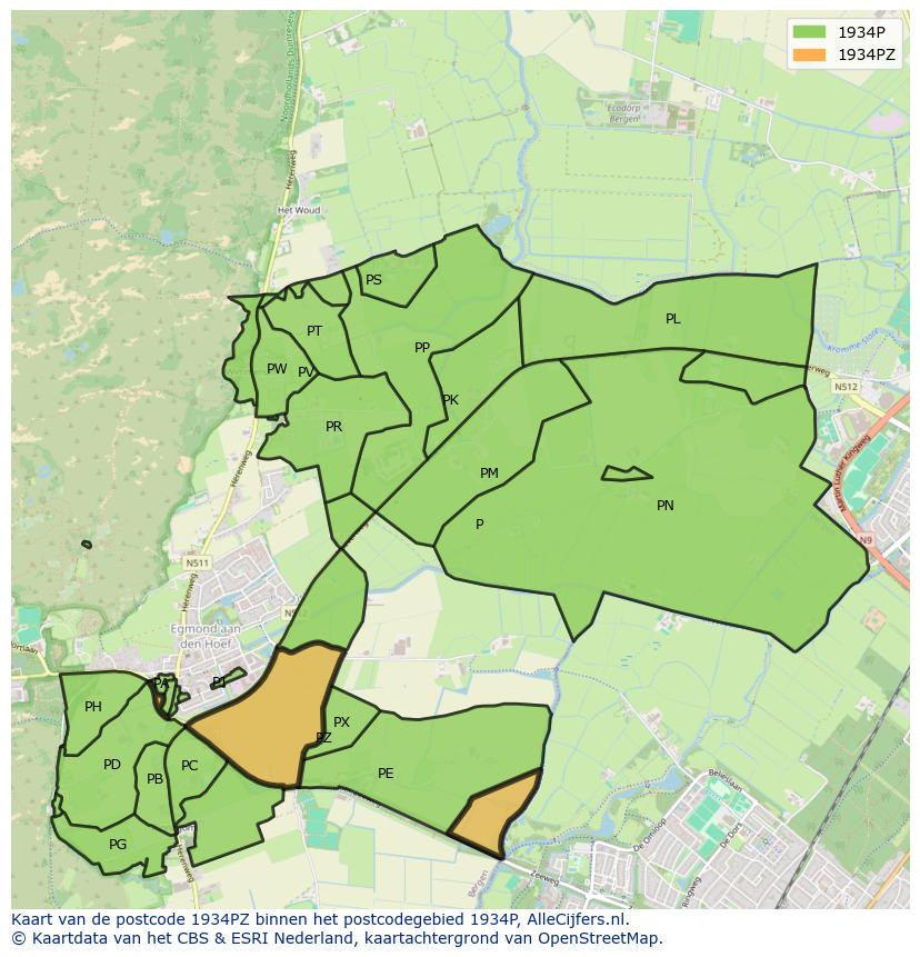 Afbeelding van het postcodegebied 1934 PZ op de kaart.