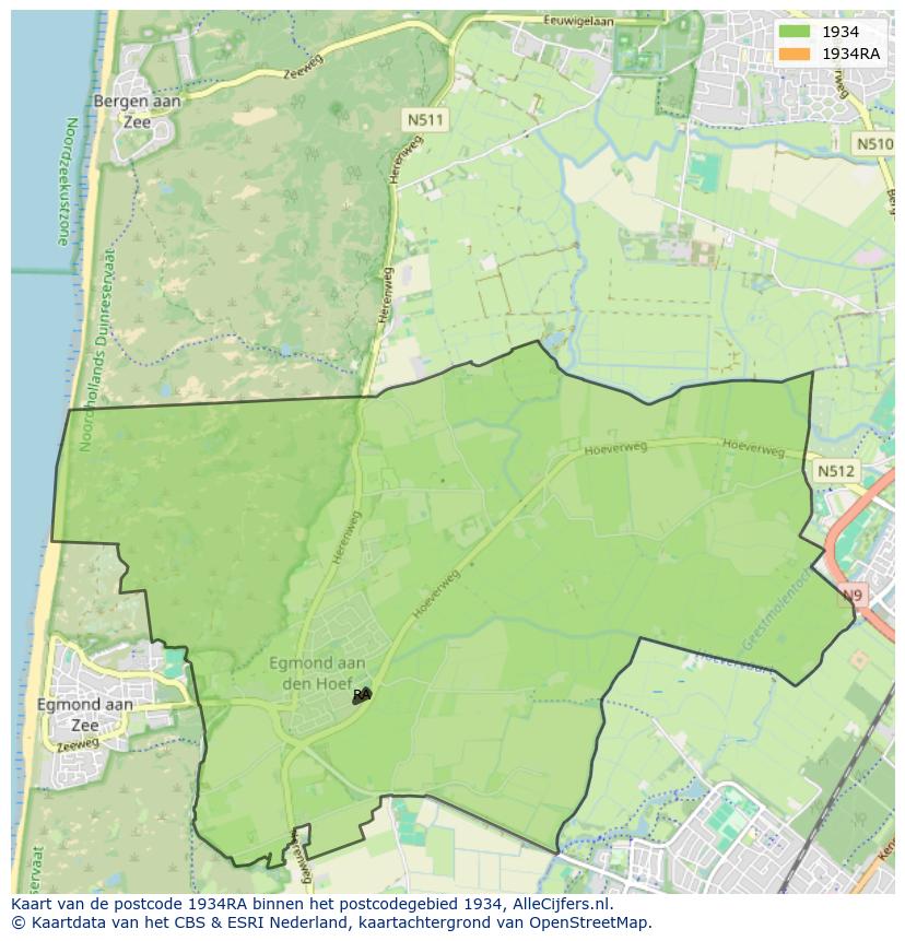 Afbeelding van het postcodegebied 1934 RA op de kaart.