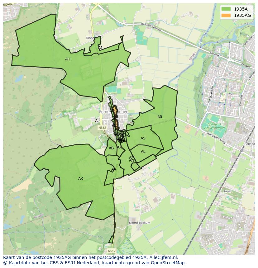 Afbeelding van het postcodegebied 1935 AG op de kaart.