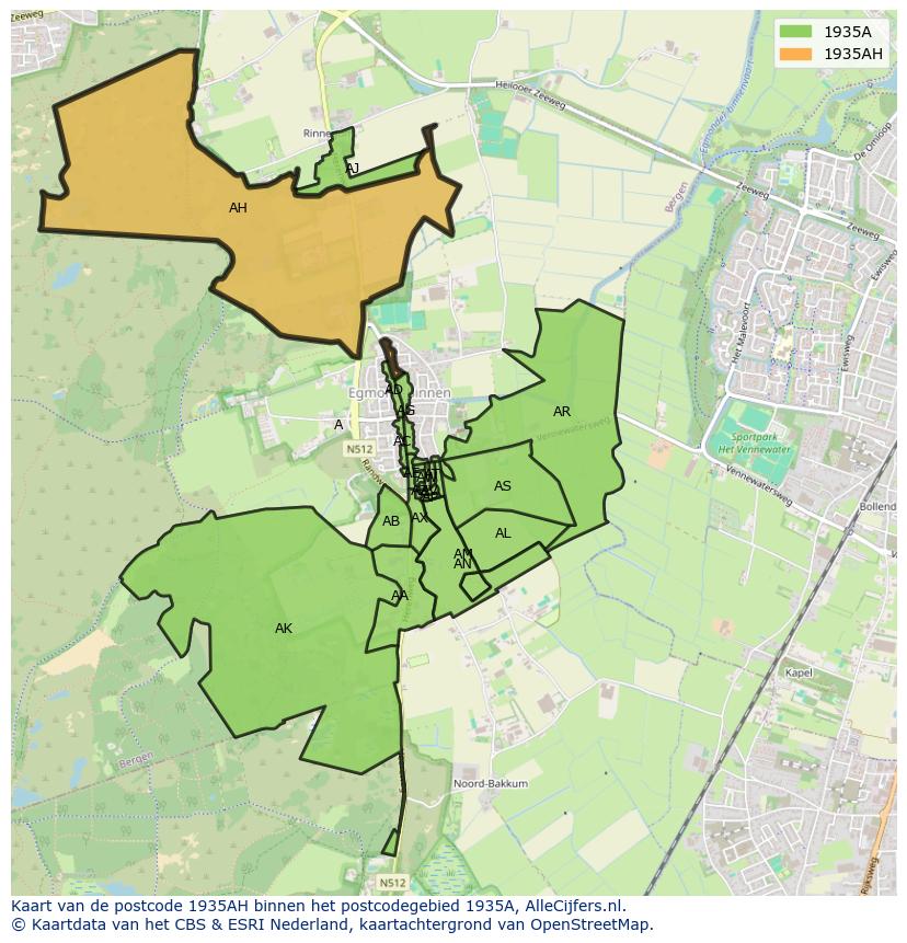 Afbeelding van het postcodegebied 1935 AH op de kaart.