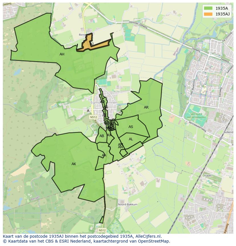Afbeelding van het postcodegebied 1935 AJ op de kaart.