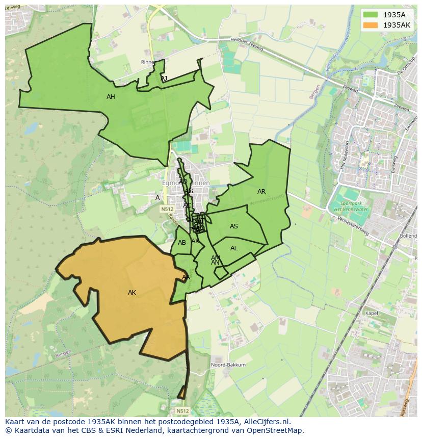 Afbeelding van het postcodegebied 1935 AK op de kaart.