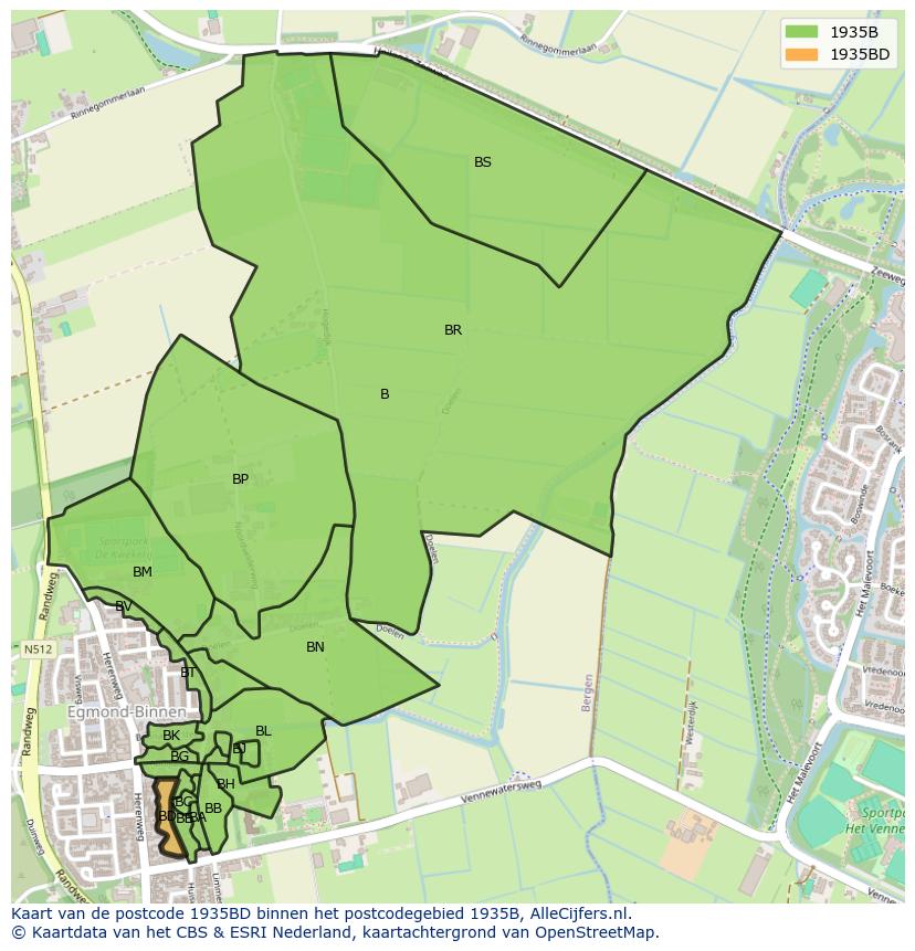Afbeelding van het postcodegebied 1935 BD op de kaart.