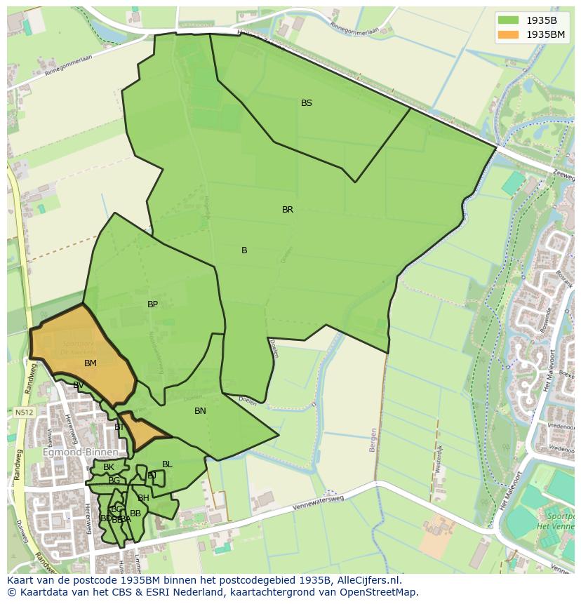Afbeelding van het postcodegebied 1935 BM op de kaart.