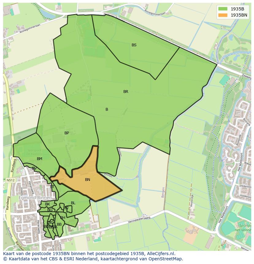 Afbeelding van het postcodegebied 1935 BN op de kaart.