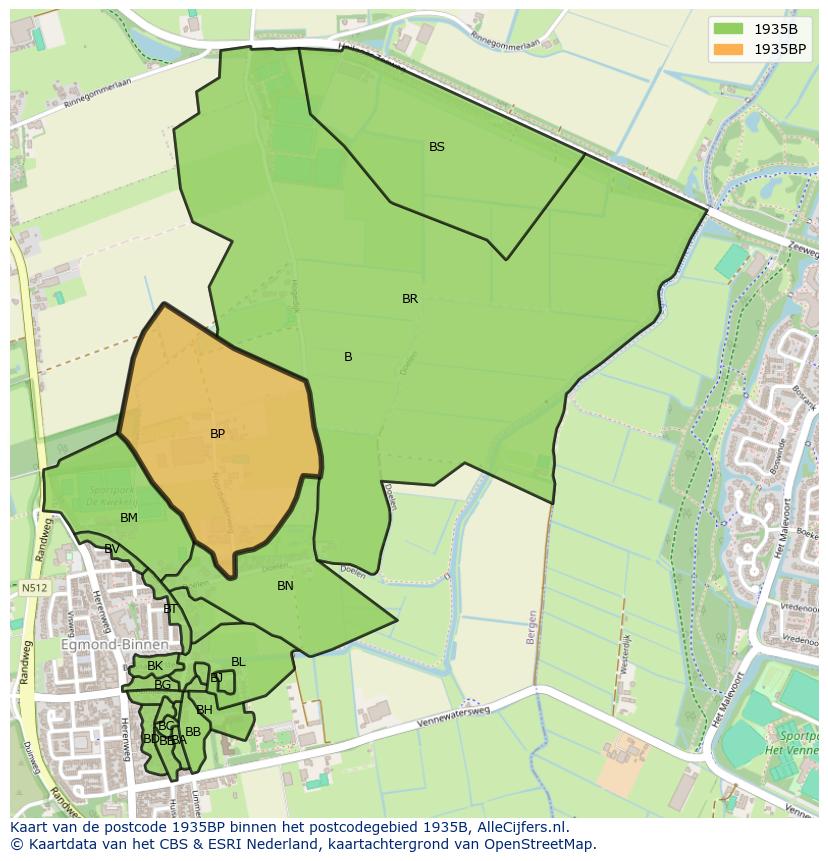 Afbeelding van het postcodegebied 1935 BP op de kaart.