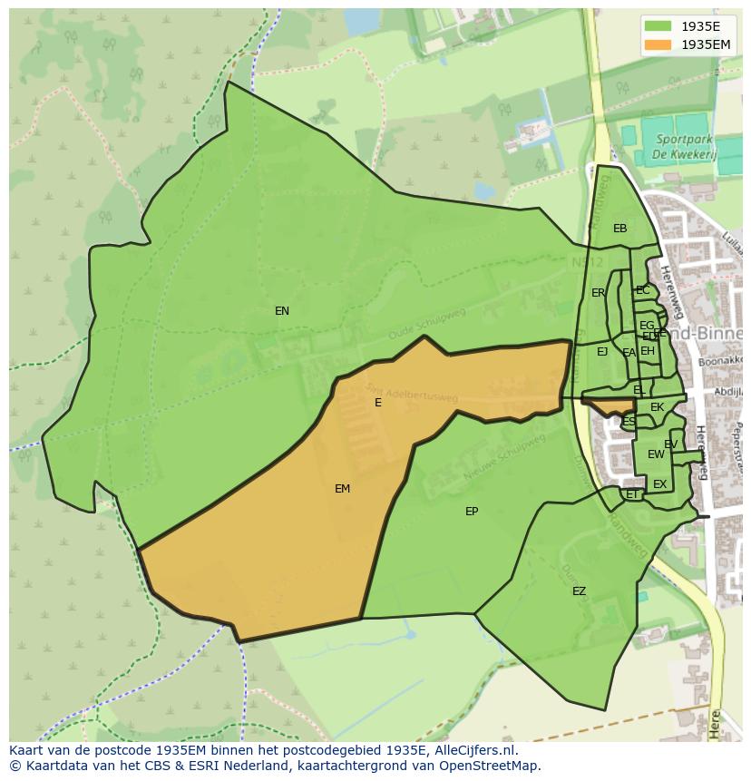 Afbeelding van het postcodegebied 1935 EM op de kaart.