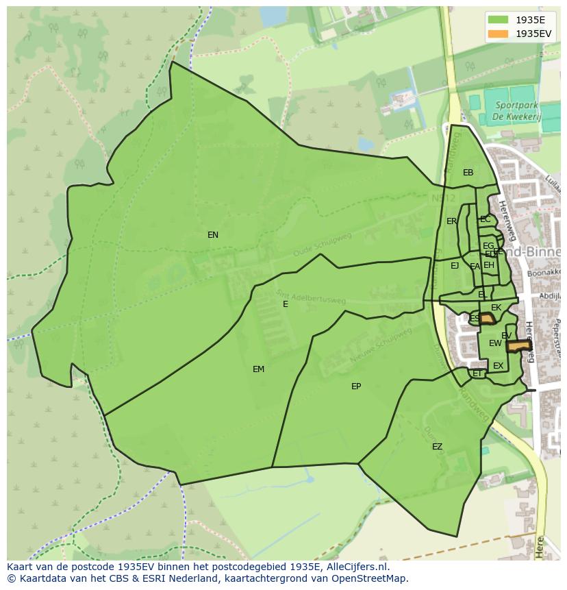 Afbeelding van het postcodegebied 1935 EV op de kaart.