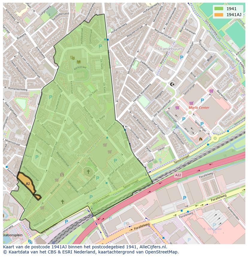 Afbeelding van het postcodegebied 1941 AJ op de kaart.