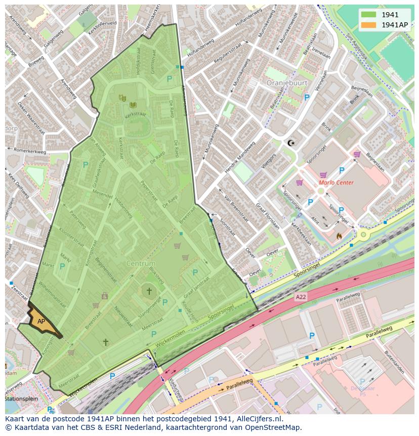 Afbeelding van het postcodegebied 1941 AP op de kaart.