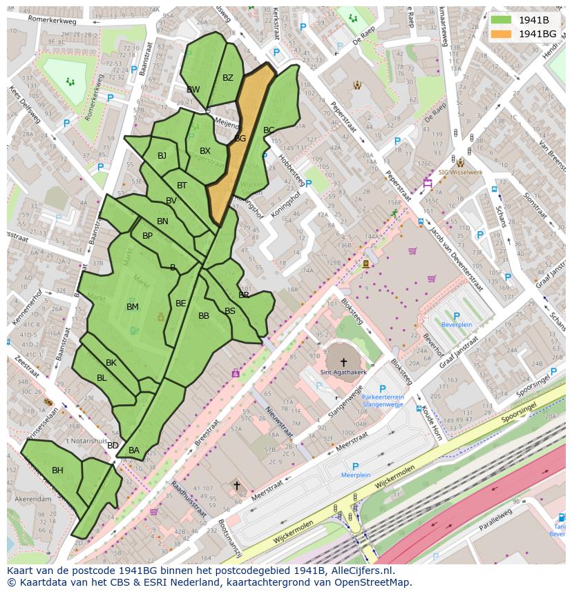 Afbeelding van het postcodegebied 1941 BG op de kaart.