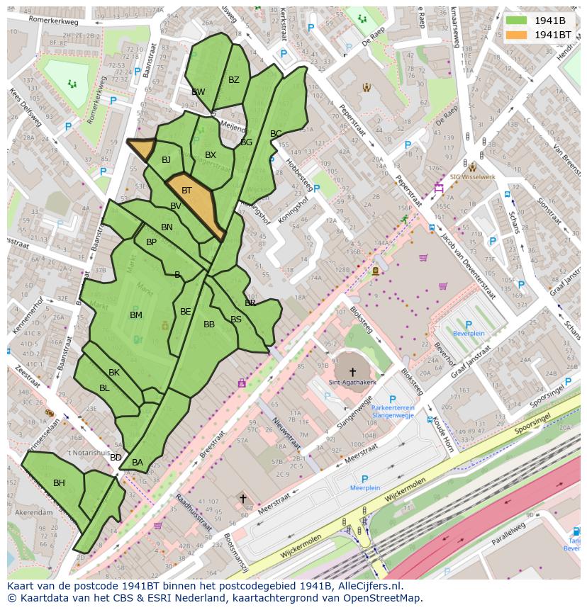 Afbeelding van het postcodegebied 1941 BT op de kaart.