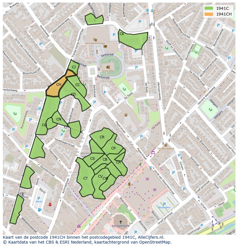 Afbeelding van het postcodegebied 1941 CH op de kaart.