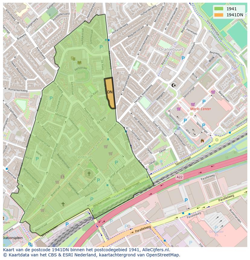 Afbeelding van het postcodegebied 1941 DN op de kaart.